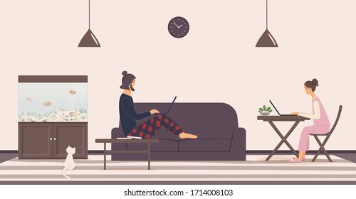 Office corridor on a cream background: waiting area for visitors with aquarium with fish,sofa and wooden boards on the floor.The door to the cabinet with a sign, navy wall clock.Vector illustration