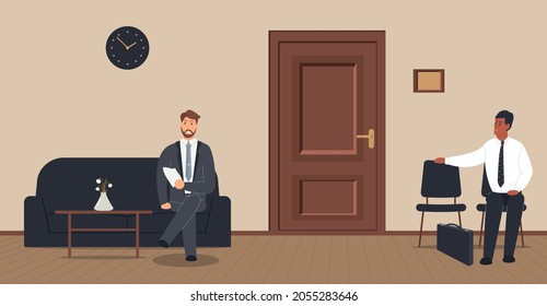Office corridor on a cream background: waiting area for visitors with chairs,sofa and wooden boards on the floor.The door to the cabinet with a sign on the wall, navy wall clock.Vector illustration