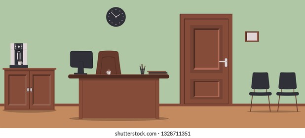 Corredor de oficina sobre fondo verde: zona de espera para los visitantes con sillas y tablas de madera en el suelo.La cafetera, puerta del armario con un cartel en la pared, reloj de pared naval.Ilustración vectorial
