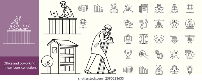 Office and cowering linear icons collection. Big set of thin line icons in black. Vector illustration