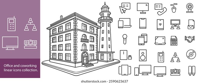 Office and cowering linear icons collection. Big set of thin line icons in black. Vector illustration