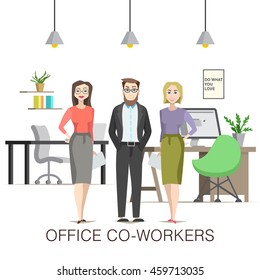 Office co-workers illustration with cartoon senior business man and women characters on white background.