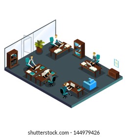 Office Coworkers In Isometric Room With Wooden Furniture; Work Team: Senior And Junior Workers, Sales Managers And Their Assistants