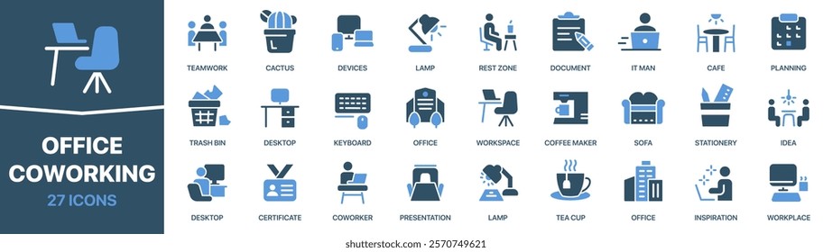 Office and coworking colored signed icon collection. Teamwork, desktop, workspace, cafe icons. UI icon set. Colored icons pack. Vector illustration EPS10