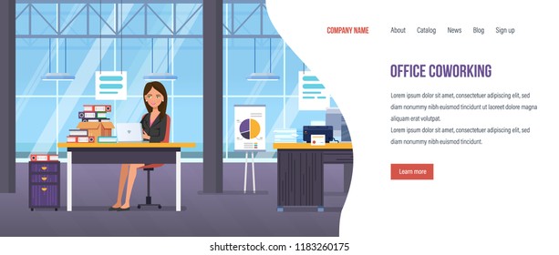 Office coworking, freelance, office room interior, creative workplace, personal work, joint cooperation in workspace, coworking center. Template of banner, design for sites, app. Vector illustration.