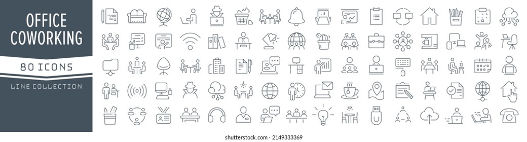 Office and coworking line icons collection. Big UI icon set in a flat design. Thin outline icons pack. Vector illustration EPS10 - Shutterstock ID 2149333369