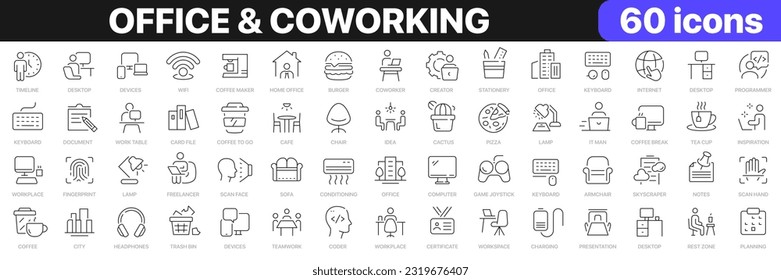 Office and coworking line icons collection. Workplace, workspace, teamwork, fast food icons. UI icon set. Thin outline icons pack. Vector illustration EPS10