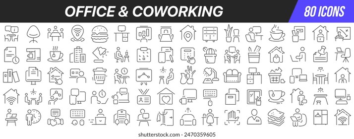 Colección de iconos de línea de oficina y coworking. Icono de interfaz de usuario grande en un diseño plano. Paquete de iconos de contorno fino. Ilustración vectorial EPS10