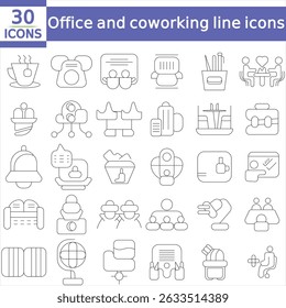 Office and coworking line icons collection. Big UI icon set in a flat design. Thin outline icons pack. Vector illustration