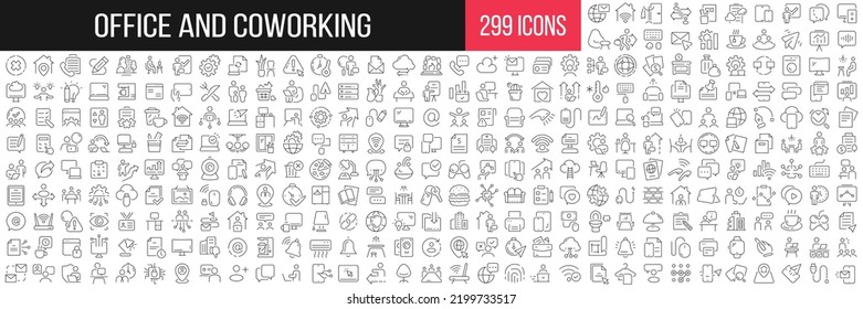 Office and coworking linear icons collection. Big set of 299 thin line icons in black. Vector illustration