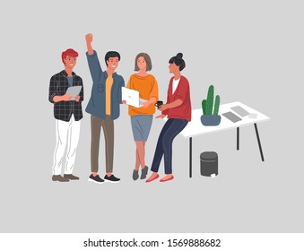 Office or coworking workers communicating. Group of young trendy people take brake at work or teamwork meeting. Startup company at workplace. Vector cartoon concept