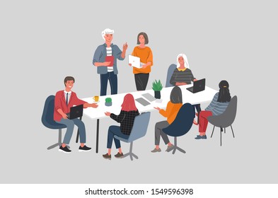Office or coworking workers sitting at desks and communicating, teamwork meeting. Successful team gathering. Group of young trendy people, startup company. Vector cartoon concept