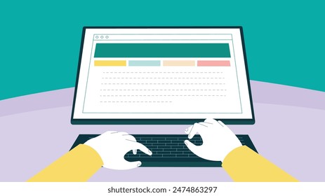 Office creative space front view. Workspace template. Modern business workplace with blank white computer display, stationery Vector illustration.
