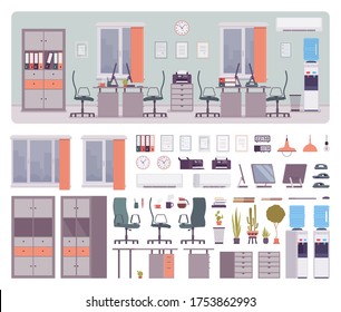 Office creative workspace design, comfortable collaboration workplace interior construction set with furniture, constructor element to make own environment. Cartoon flat style infographic illustration