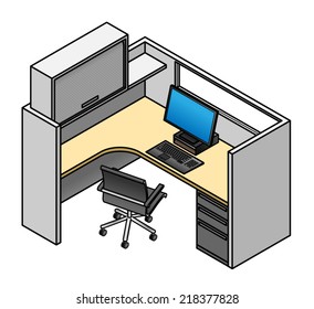 Office cubicle: mid height partitions with window, drawer unit, partition mounted shelf and storage unit.