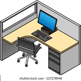 Office cubicle: simple configuration with a window and a drawer unit. Mid height partitions. 