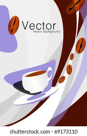 Office cup of coffee the stylized abstraction violet and brown colors with coffee grains and a place for the text