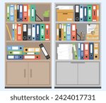 Office cupboards with many file folders and file binder inside, Document file in shelf, Office filing cabinet, File archive storage box.