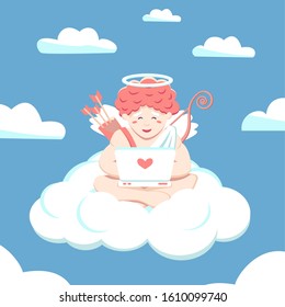 Office of cupid in the sky, paradise. Amur works at a laptop sitting in lotus position. Vector flat illustration for St. Valentine's Day. Cherub blogging, chatting, checking mail, sending  love.