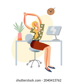 Office daily exercise for body health vector illustration. Cartoon young woman business worker in healthy tilt arm and back pose, businesswoman character exercising on workplace isolated on white background. 
