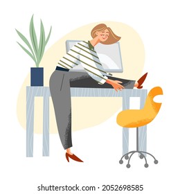 Office daily exercise for body health vector illustration. Cartoon young woman business worker in healthy tilt arm and back pose, businesswoman character exercising on workplace isolated on white