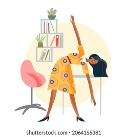 Office daily exercise for body health vector illustration. Cartoon young woman business worker in healthy tilt arm and back pose, businesswoman character exercising on workplace isolated on white