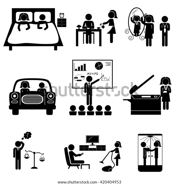Office daily\
routine life of married couple (man and woman sticks). Vector icons\
set isolated on white\
background