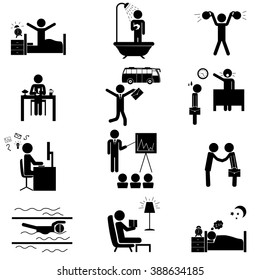 Office daily routine life. Vector icons set isolated on white