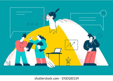 Office daily routine and work concept. Female boss in glasses looking at company processes and colleagues during work or job daily routine as leader and business controller illustration