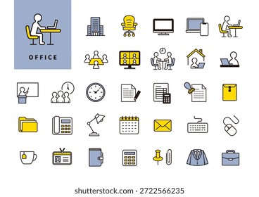 Conjunto de iconos planos de tareas de trabajo diario y escritorio de oficina