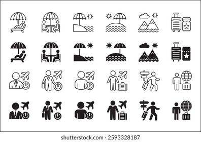 Office day off icon set. Holiday and vacation icon collection. Icon set contain symbol of work, business, travel, job, beach, mountain, summer, umbrella, suitcase. Vector stock illustration.
