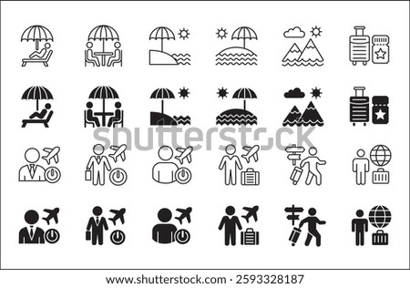 Office day off icon set. Holiday and vacation icon collection. Icon set contain symbol of work, business, travel, job, beach, mountain, summer, umbrella, suitcase. Vector stock illustration.