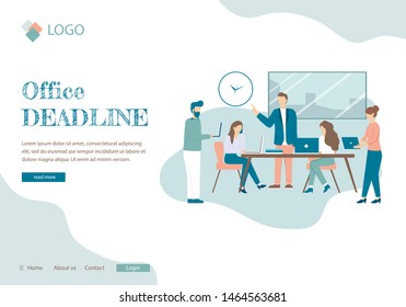 Office Deadline Banner. Cartoon People in Room, Alarm Pressure Stress Vector Illustration. Busy Businessman, Woman Man Notebook Work, Project Shedule Management. Timer Overtime Problem