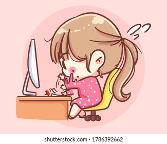 Office deadline. business girl working on computer cartoon art illustration Premium Vector