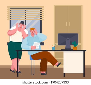 Office deadline. Business workers managers stress hold their head with their hands on workplaces at work, vector cartoon characters in panic. frightened colleagues saw an error in paper document