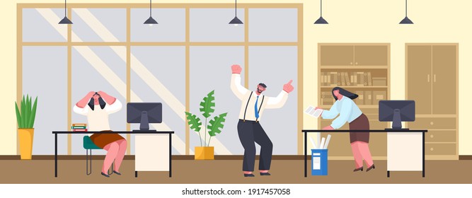 Office deadline. Business workers managers stress hold their head with their hands on workplaces at work, vector cartoon characters in panic. Angry boss screaming and swearing waving his hands