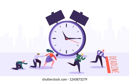 Office deadline concept with business characters. Time management on the road to success. Group of running businessmen to achieve results. Help colleagues to complete project. Vector illustration