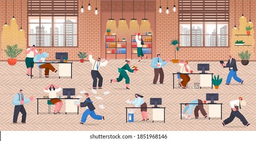 Office deadline concept. Idea of many work and few time. Employee in a hurry. Panic and stress in office. Business workers managers stress running on workplaces at work. Mess and business problems
