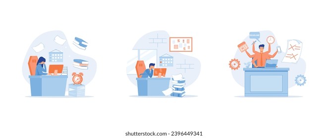 office deadline concept, Overworked business persons, depressed tired hard work manager sitting office desk in big pile of documents, set flat vector modern illustration
