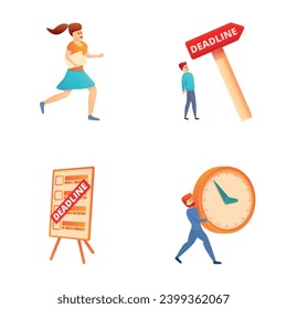 Office deadline icons set cartoon vector. Stressed employees working overtime. Time management concept