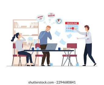 Office deadline. Stressed employees working overtime. Extreme delay in work. Tired workers and angry boss. Team working together with laptops. Effective time management and business planning