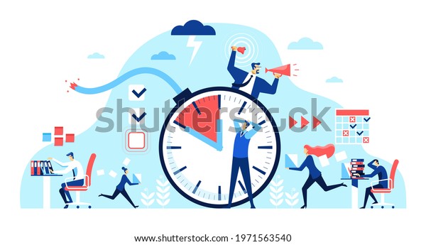 Office\
deadline. Stressed employees working overtime. Tired workers and\
angry boss. Deadline time bomb, missing deadlines vector concept.\
Time management, manager pressure at\
workplace