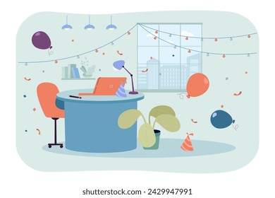 Office decorated with string lights, balloons and confetti. Vector illustration. Office desk with laptop and party hat. Party, celebration concept