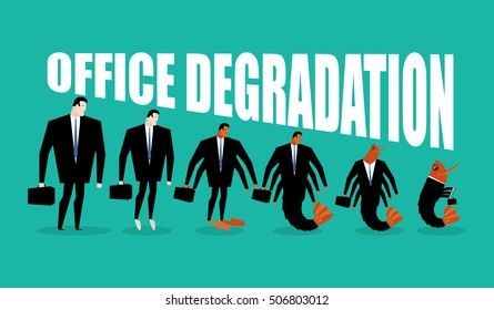 Office degradation. Manager turns into place of work plankton. Man transforms into shrimp. Marine crustaceans in dark suit. Business illustration