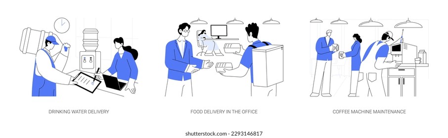 Office delivery service abstract concept vector illustration set. Drinking water and food order, coffee machine maintenance, corporate services for employees, office life abstract metaphor.