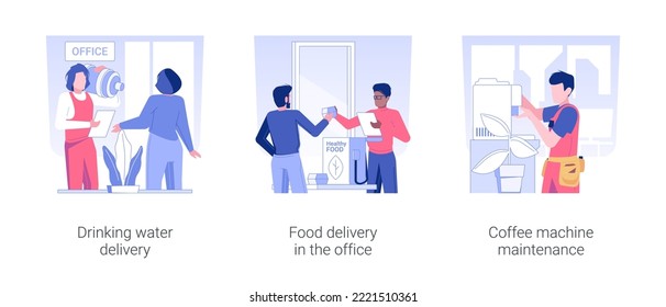 Office delivery service isolated concept vector illustration set. Drinking water and food order, coffee machine maintenance, corporate services for employees, office life vector cartoon.