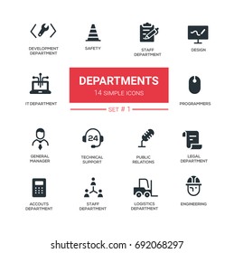 Office departments - line design icons, pictograms set. IT, general manager, accounting, tech support, head, hr, development, safety, public relations, programmers, legal, logistics, engineering