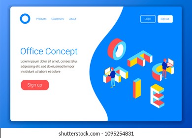 Office design concept. Office 3d word lettering typography with workers and computers. Isometric flat design for landing page template. Vector illustration.