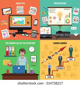 Office design concept set with workplace presentation and career flat icons isolated vector illustration