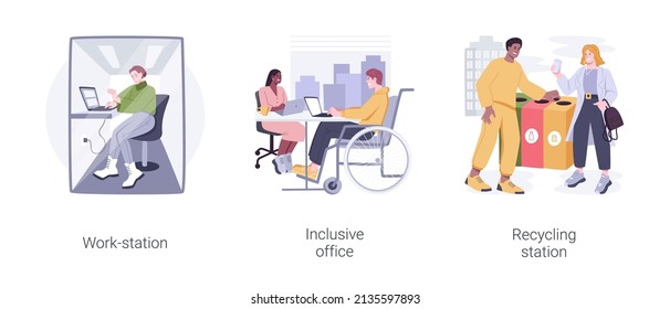 Office Design And Interior Isolated Cartoon Vector Illustrations Set. Work-station In Smart Office, Inclusive Working Environment, Recycling Station At Modern Business Workplace Vector Cartoon.